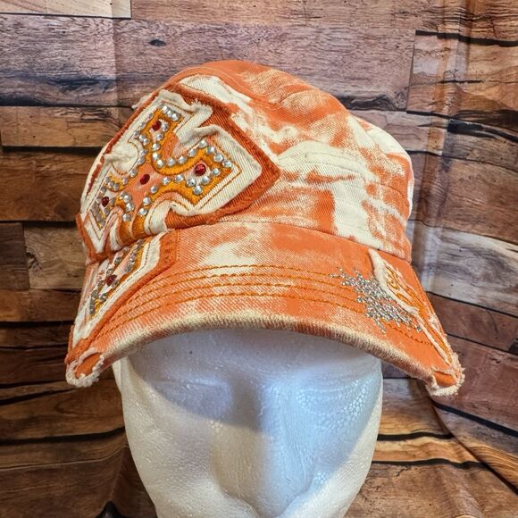Rainbow Cross Bedazzled Cadet Cap Women’s Orange Tie Dye Distressed Rhinestones - Picture 1 of 7